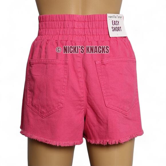 Vanilla Star Hot Pink Denim Shorts High Rise Pull On Frayed Hem Easy Fit Size L - Picture 5 of 10